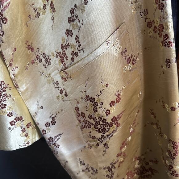 Vintage Asian Silk Satin Robe Jacket Gold Black Embroidered Floral Kimono Coat - Picture 3 of 10